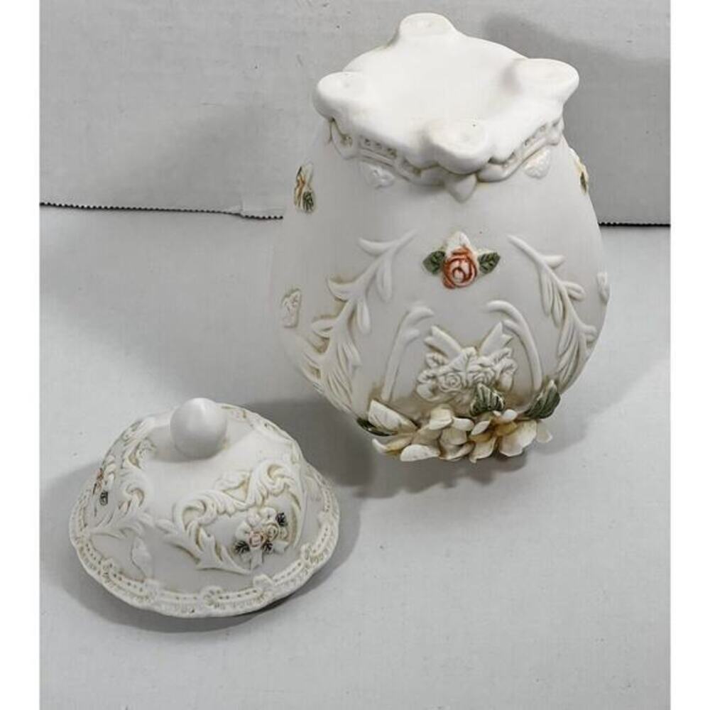 Beautiful Porcelain Bisque Jar/ Trinket Holder/ Urn. 3D Hand Painted Flowers